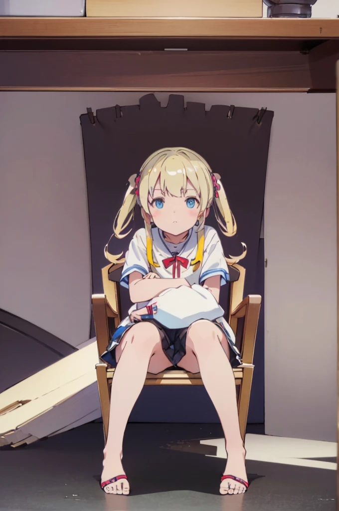 ((masterpiece))((Highest quality))Sitting in a chair、Blonde twin tails、(So that your whole body can be seen)、Directly in front、No background、(Put your feet on the ground)