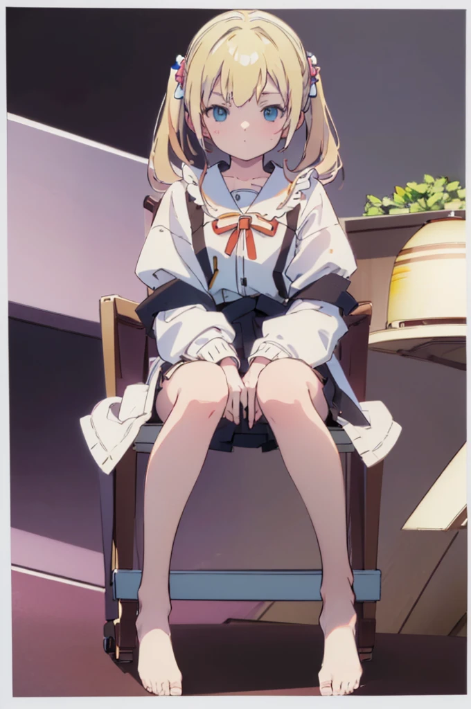 ((masterpiece))((Highest quality))Sitting in a chair、Blonde twin tails、(So that your whole body can be seen)、Directly in front、No background、(Put your feet on the ground)