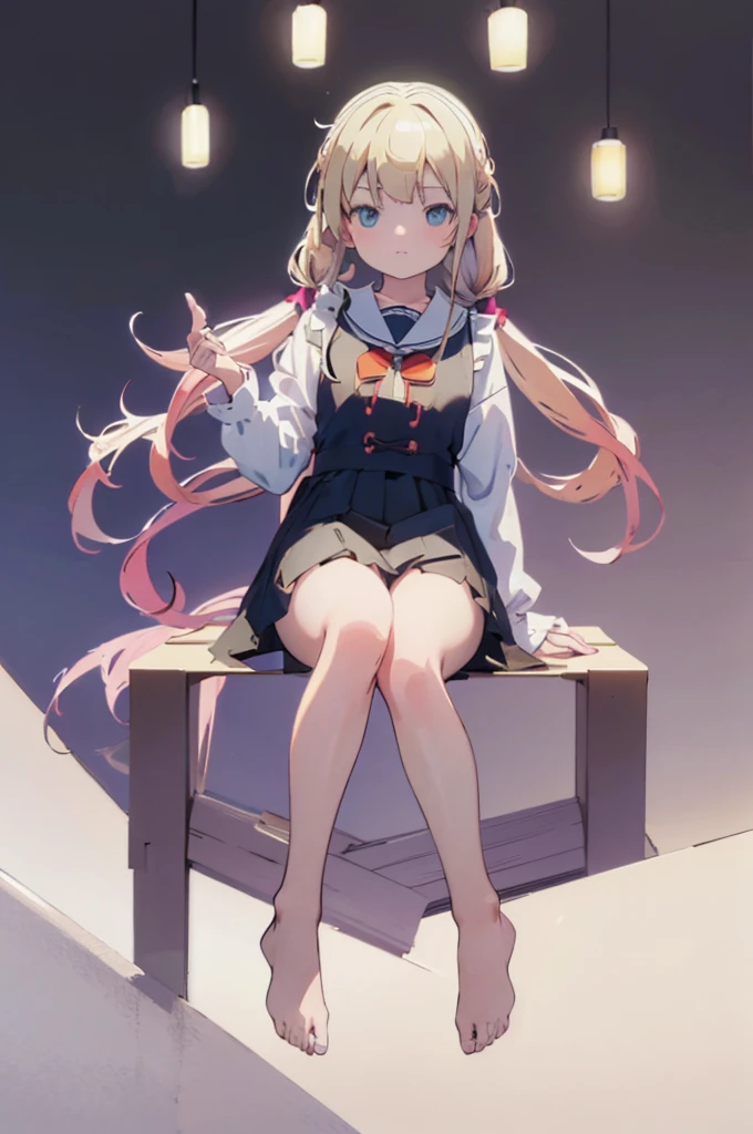 ((masterpiece))((Highest quality))Sitting in a chair、Blonde twin tails、(So that your whole body can be seen)、Directly in front、No background、(Put your feet on the ground)