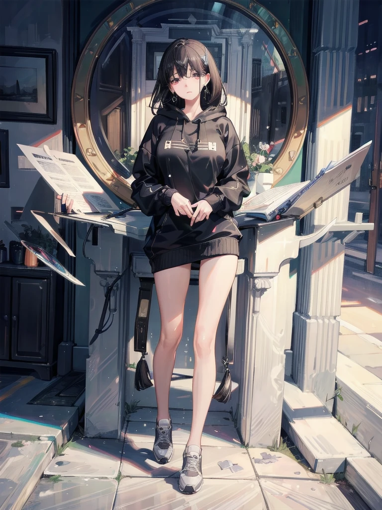 absurdres, RAW photo, extremely delicate and beautiful, masterpiece, Best Quality, ultra high resolution, 32k, hyperrealistic, ultra-detailed, delicate facial features, beautiful detailed woman, tearful mole, earring, , full body shot, medium hair, black hair, oversized hoodie, sportswear,