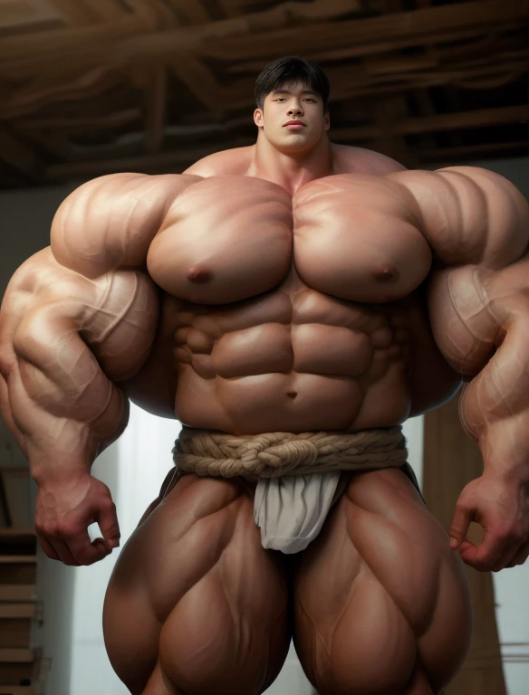 1 asian boy, giant, alone, giant bodybuilder, illuminating light, strong body, bulk, large size, staring, standing in white photo studio, indoor, nude, white simple loincloth, big bulge, extraordinary big, brutalmass, giant muscular body, bulk, buff, massive body, large meaty body size, extremely wide body, sweaty, brown skin