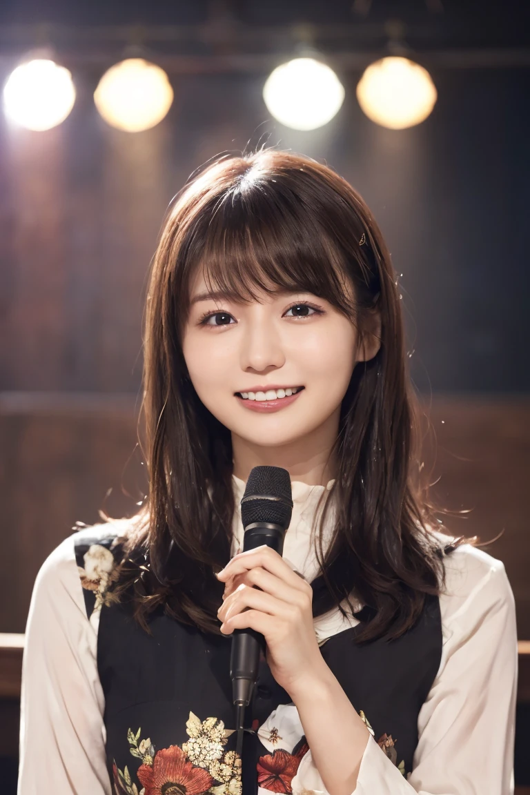 (4K,8K,Masterpiece，Realistic），Super Resolution:1.2、（Japanese:1.3）、　RAW Photos、（Realistic:1.2）、looking at the camera、Symmetrical face、Japaneseアイドルの女の子、（Beautiful face in every detail）、28 years old、Beautiful eyes、Perfect hands、Natural Makeup、（Large Breasts、Cleavage）、announcer、chairperson、Television studio、During the program、Hold the microphone、Wear a short-sleeved shirt、Tight mini skirt、Wear a uniform、Friendly atmosphere、Exposure that shows the collarbone、Mole on the collarbone、Protruding buttocks、Voluptuous thighs、Standing、Wearing high heels、Bold behavior