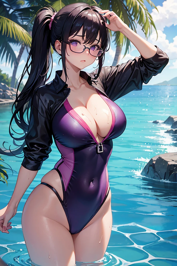 masterpiece,Big Breasts,beauty,Purple glasses.Black Hair,Side Ponytail,Pink Swimsuit,Shy,Wet