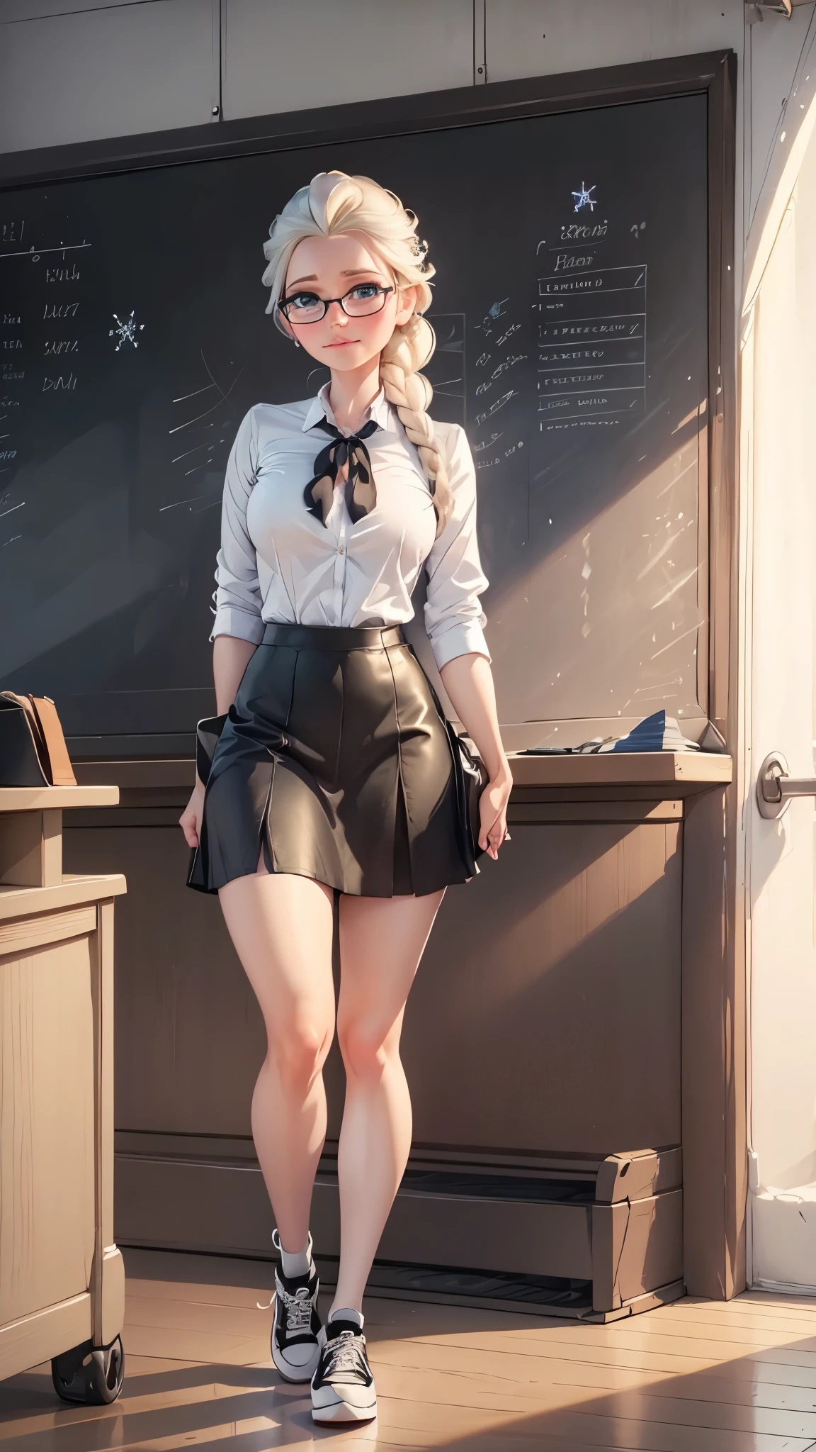 Elsa from Frozen, white button-down blouse, tight black skirt, black tie, prescription glasses, red converse all star sneakers, classroom, blackboard in the background.