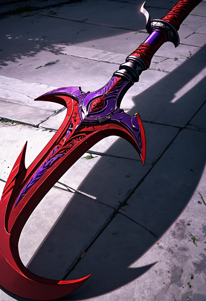 an extremely detailed 4k picture of just a 2 handed scythe weapon made of red and purple steel and covered in shadows and dark magic\