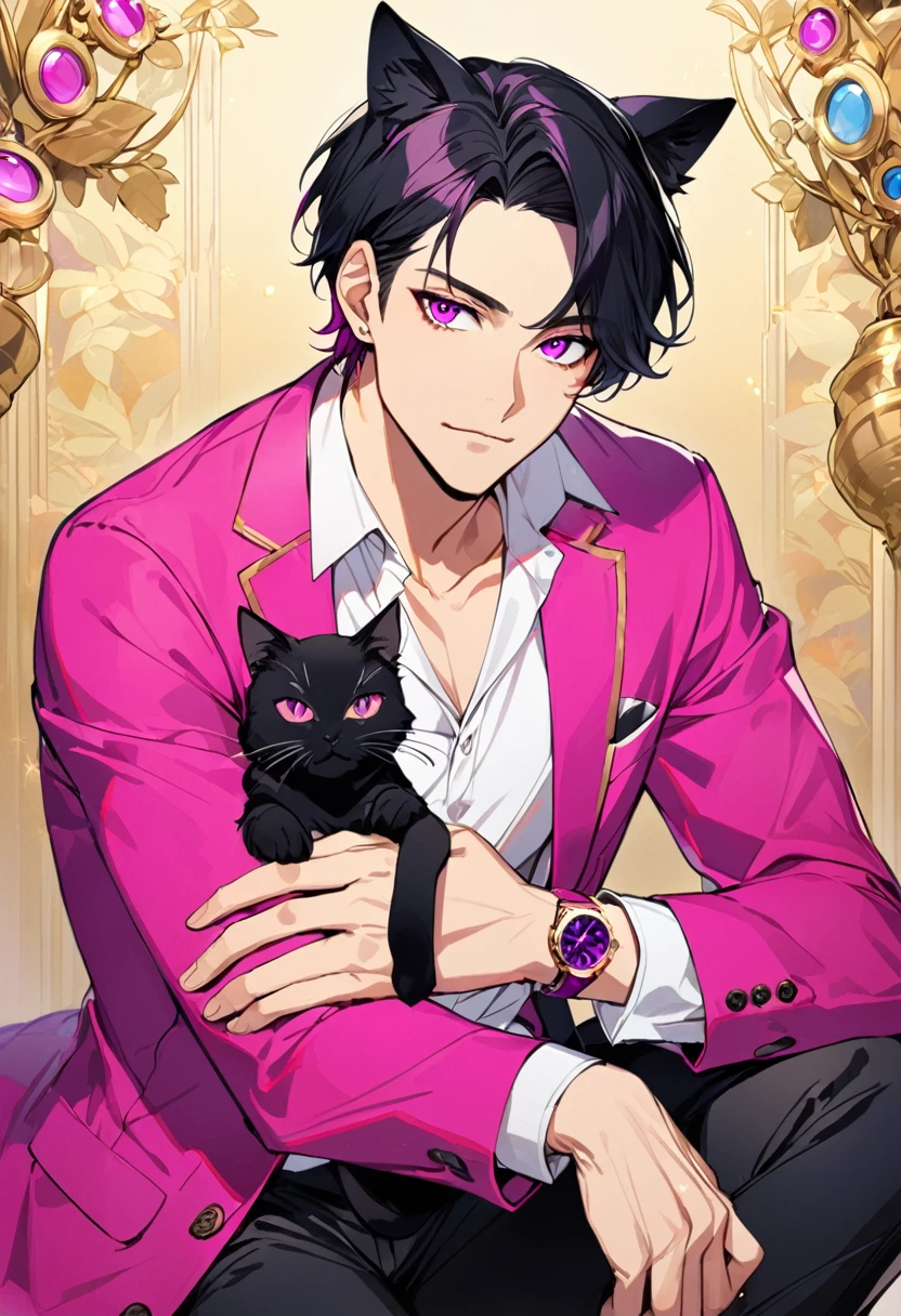 1man, short black hair, black cat ears, bright magenta eyes, wearing a magenta  jacket, wearing a white undershirt, wearing black pants , wearing a vintage gold and magenta watch, showing watch.