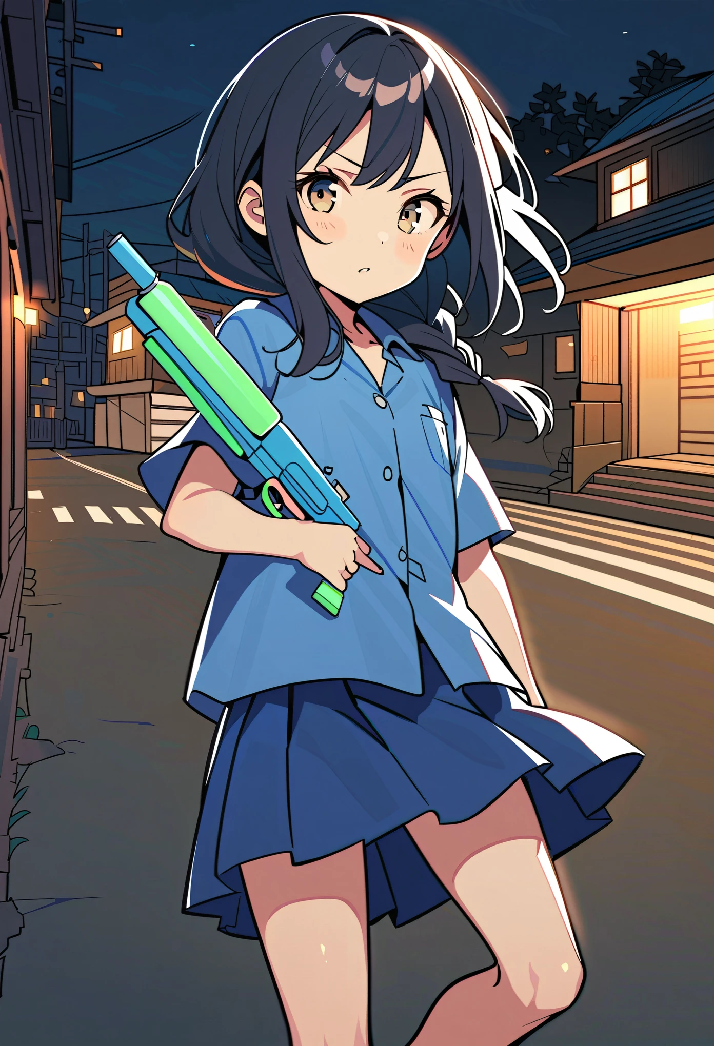 Solo female, 12 years old, Asian, long dark black hair, cute braid, light brown eyes, serious expression, holding a squirt gun, neighborhood background, nighttime, ((blue button-up shirt)), blue skirt