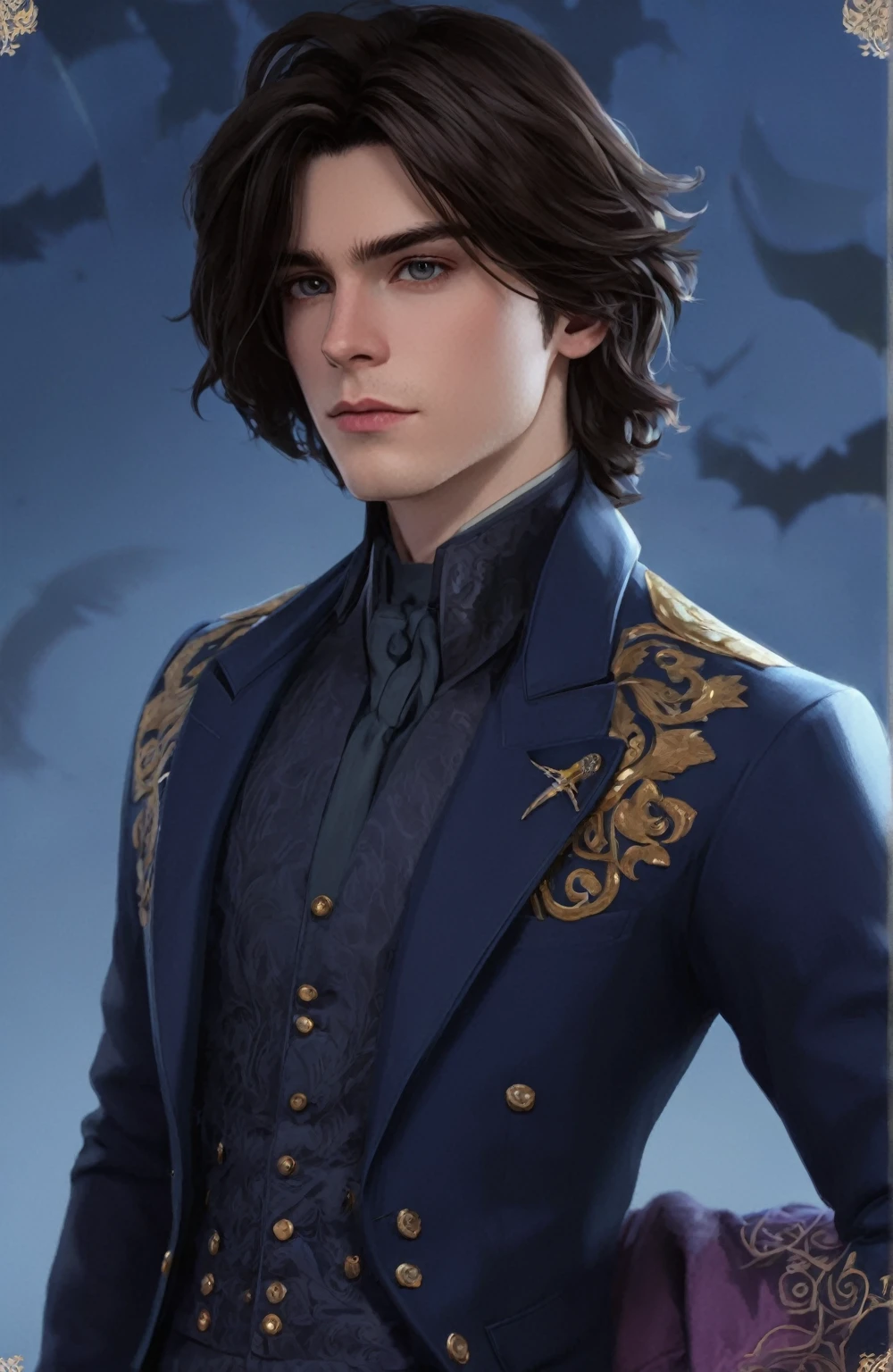 a close up of a person in a suit blue suit with golden details (pale skin dark brown hair and grey eyes), delicate androgynous prince, beautiful androgynous prince, caleb from critical role, highly detailed exquisite, handsome guy in demon slayer art, highly detailed character, hyperdetailed fantasy character, handsome male vampire, wolfgang lettl highly detailed, detailed character portrait, official character art, handsome stunning realistic