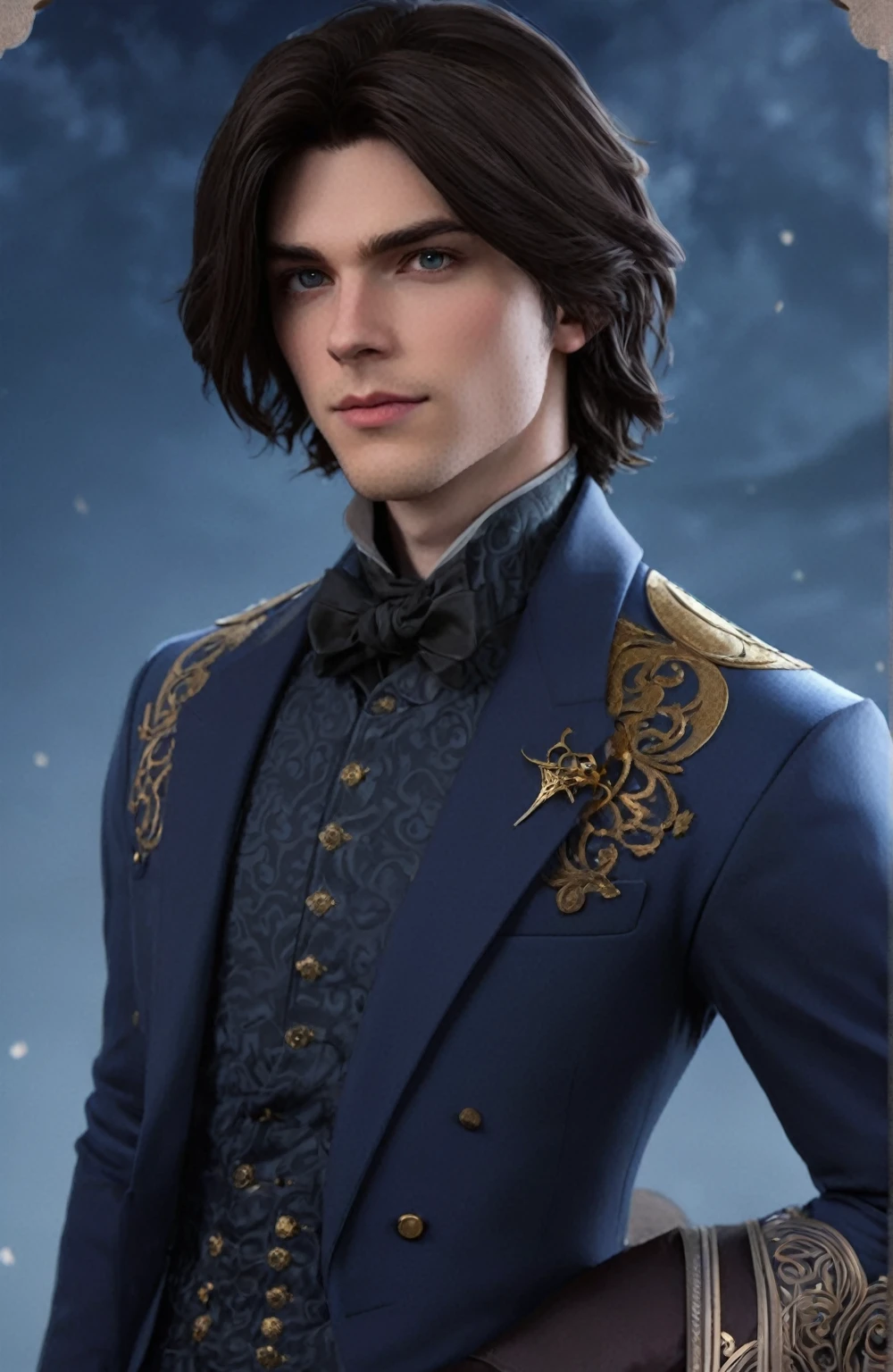 a close up of a person in a suit blue suit with golden details (pale skin dark brown hair and grey eyes), delicate androgynous prince, beautiful androgynous prince, caleb from critical role, highly detailed exquisite, handsome guy in demon slayer art, highly detailed character, hyperdetailed fantasy character, handsome male vampire, wolfgang lettl highly detailed, detailed character portrait, official character art, handsome stunning realistic