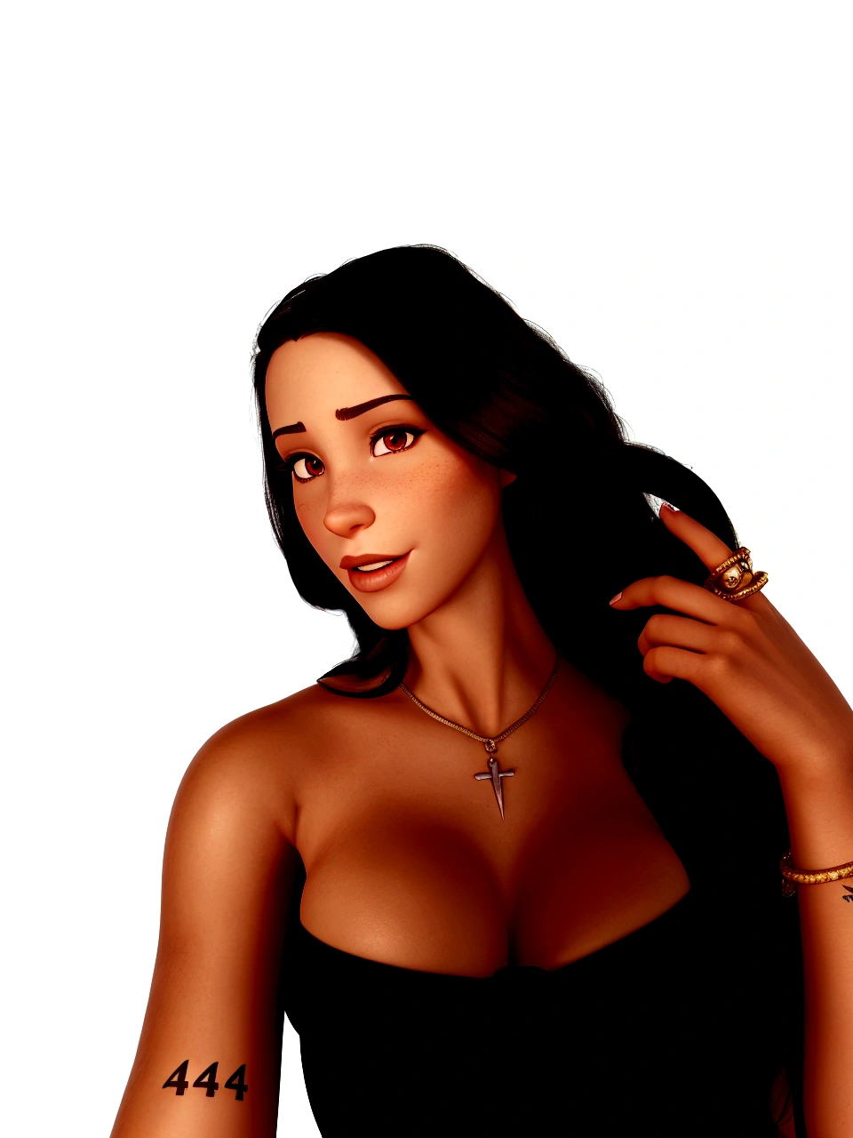 there is a woman with a 444 tattoo on her arm, rendering of mirabel madrigal, seductive tifa lockhart portrait, tifa lockhart portrait, portrait of tifa lockhart, glamorosa tifa lockheart, detailed long black hair, April rendering, tifa lockhart, latina skin, rostos femininos realistas, 3D pixar character, woman with long black hair, pink lips.