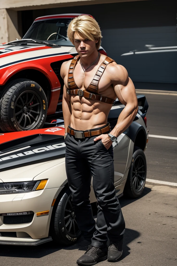 Create a light blonde boy with a muscular body with a bandolier look set to illegal car racing.