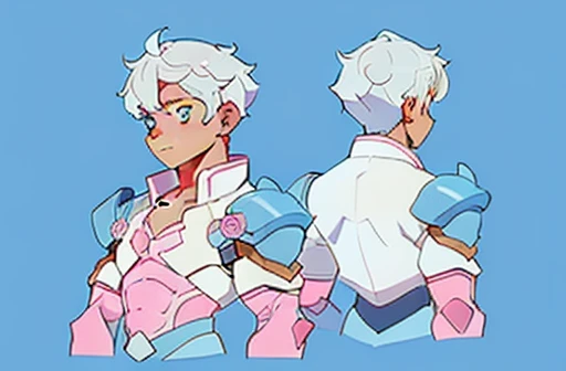 Light-skinned boy with short white hair and light blue eyes. Sexy muscular man with blue and pink armor prince charming. reference sheet 
