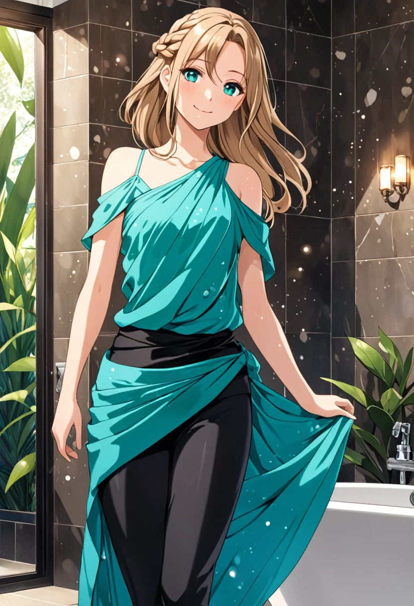 solo, 1, tall, old figure, (straight hair with braid end (dark blonde)), beautiful face, (close mouth:1.2), smiling softly, small breast flat, teal colored crystal themed cold shoulder dress, black leggings pants and drapped sarong, bathromm, anime style