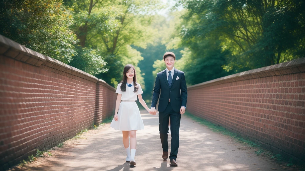 With a girl, solo, Laughter, Wearing a suit, Brick wall background, Highest quality, masterpiece, Realistic, Ultra-detailed, Natural soft light,3+Female student,3+Male student,In front of school,Background with trees