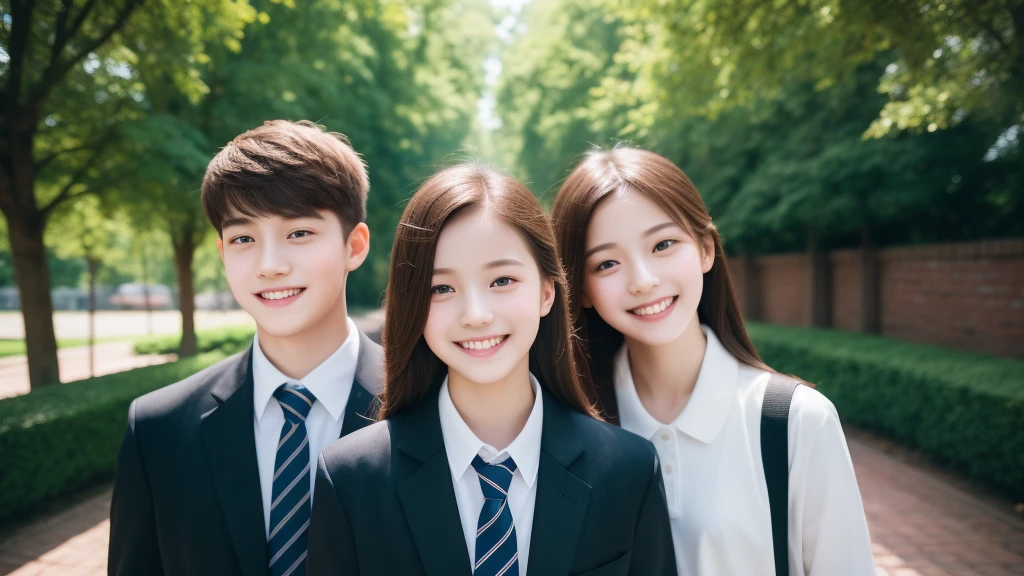 With a girl, solo, Laughter, Wearing a suit, Brick wall background, Highest quality, masterpiece, Realistic, Ultra-detailed, Natural soft light,3+Female student,3+Male student,In front of school,Background with trees