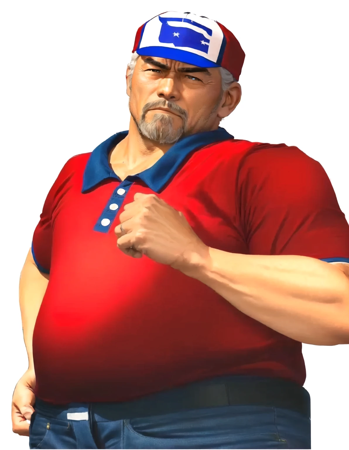 a close up of a man wearing a red shirt and blue jeans, as a character in tekken, beefy, realistic textures, toshiro mifune with a goatee, Out Run 2 flagman, 2 k, 2k, muscular bernie sanders, buff man, character from king of fighters, robust stocky body, hide the pain harold, name of character is flagman, wise face, his cap has a SEGA logo on it