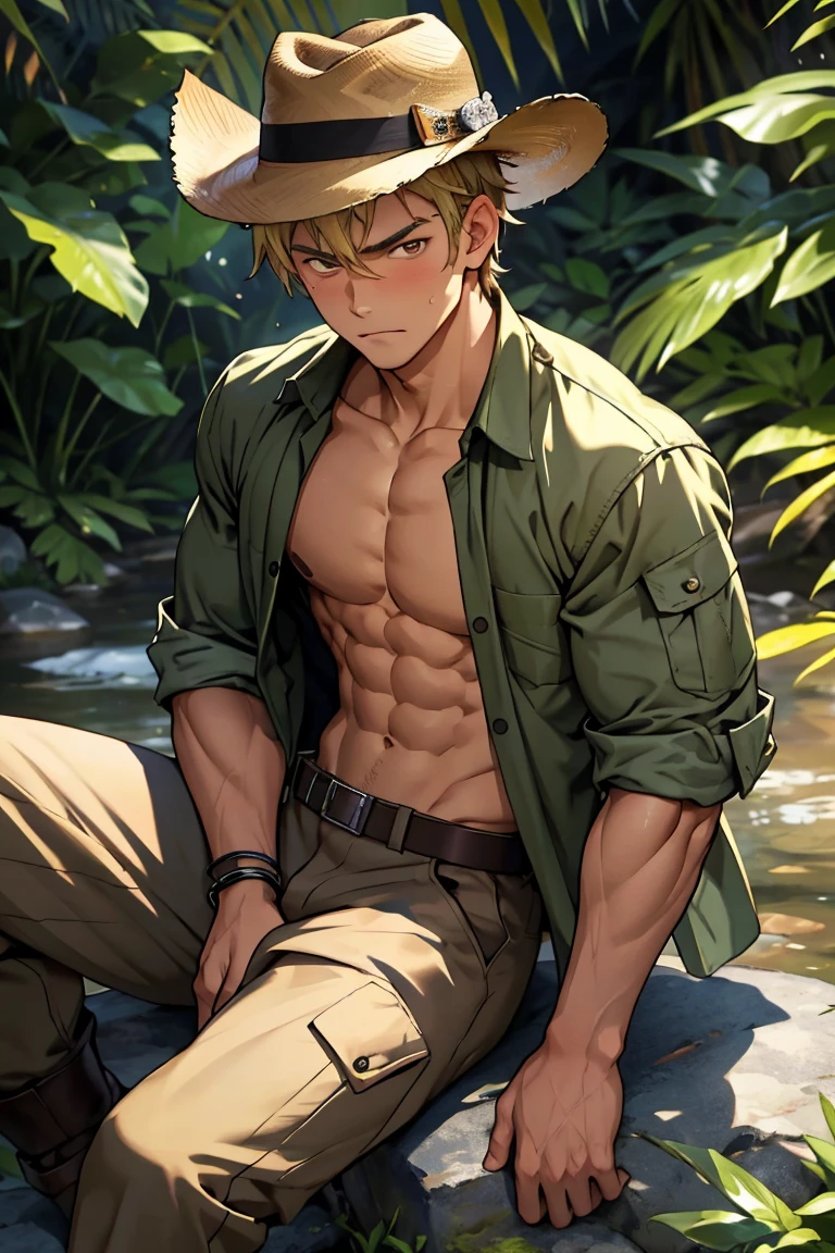 (masterpiece, Best quality boy,Shota), 1 boy, young, huge muscles,Slightly modify the abdominal contour,lose weight,lean muscles feel, Short blonde hair, wearing a cowboy hat,brown eyes, complicated, Rainforest, Muscles sparkle in the sun,Topless,Wearing khaki adventure pants,outdoor adventure boots,pained expression,bite lip, bright colors,(depth of field:1.2),looking at the audience, sit on stone