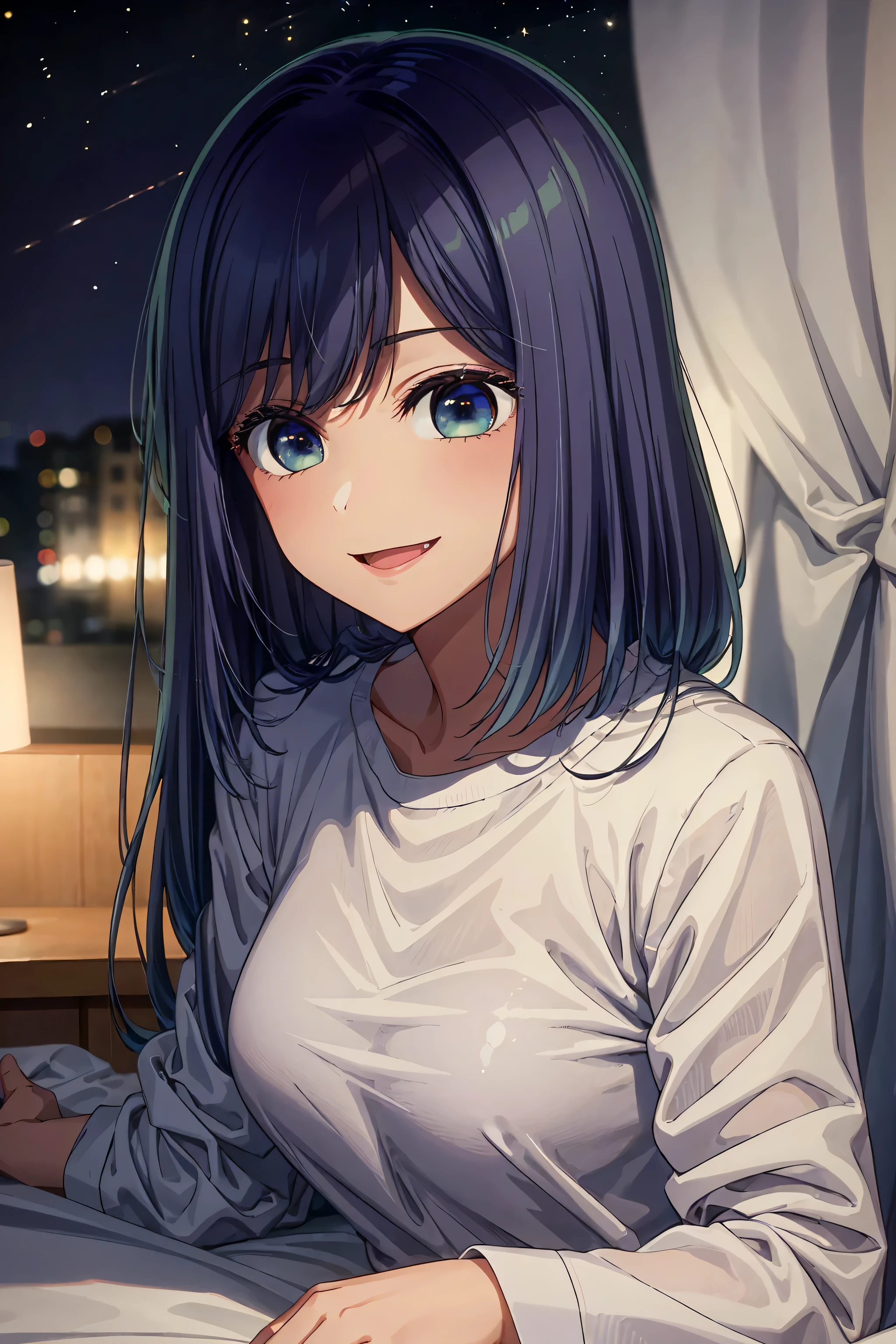 best quality, masterpiece, 1 girl, alone, detailed eyes, very big smile, pajamas, under the sheets, covered by blankets, background under the sheets, night lights