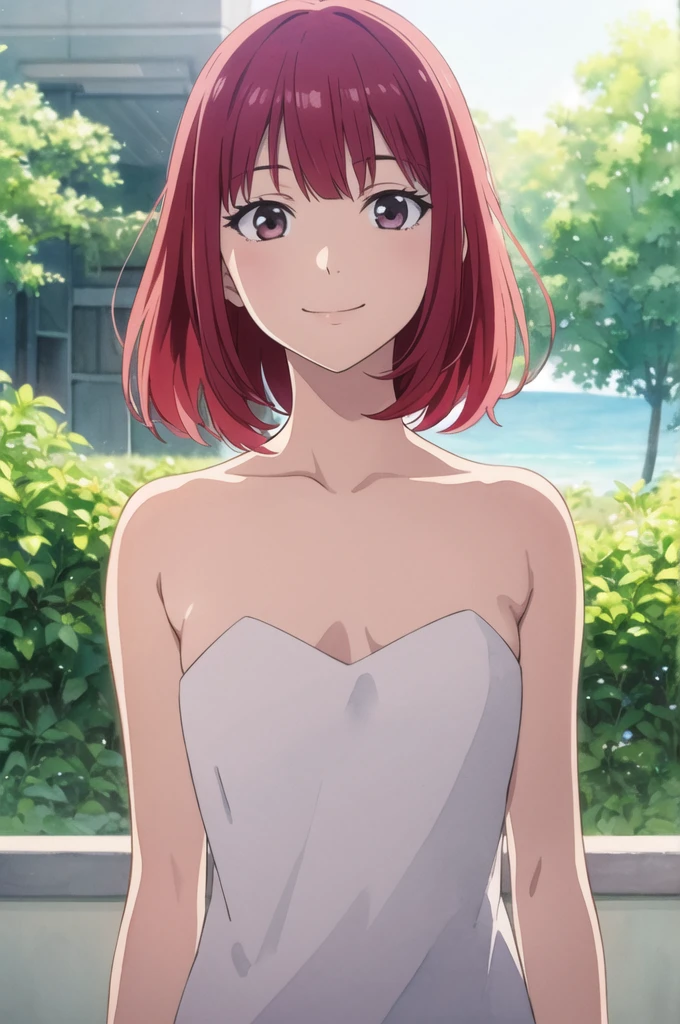 masterpiece, best quality, movie still, 1girl solo, female focus, looking at viewer, smiling, upper body, depth of field, (watercolor illustration, soft pastel colors:1.1), realistic, red hair, white eyes, naked, perky  breasts