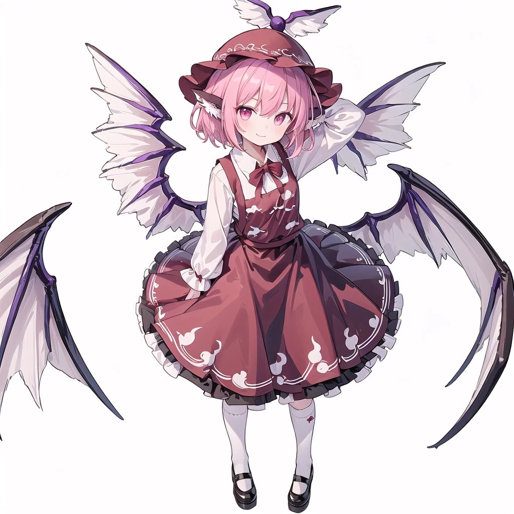  (((one girl))),(((mystia lorelei))),(((touhou))),(((short hair,pink hair))),(((pink eyes))),(((very small bird wings))),(((brown headwear, hat))),(((brown dress,pinafore dress,white shirt,collared shirt,dress bow,pink bow,long sleeves,frilled sleeves,kneehighs,black footwear,winged hat))),(((smile))),(((full body))),(((arm behind head))),(((model posing))),(((simple white background))),(((Angle from above)))