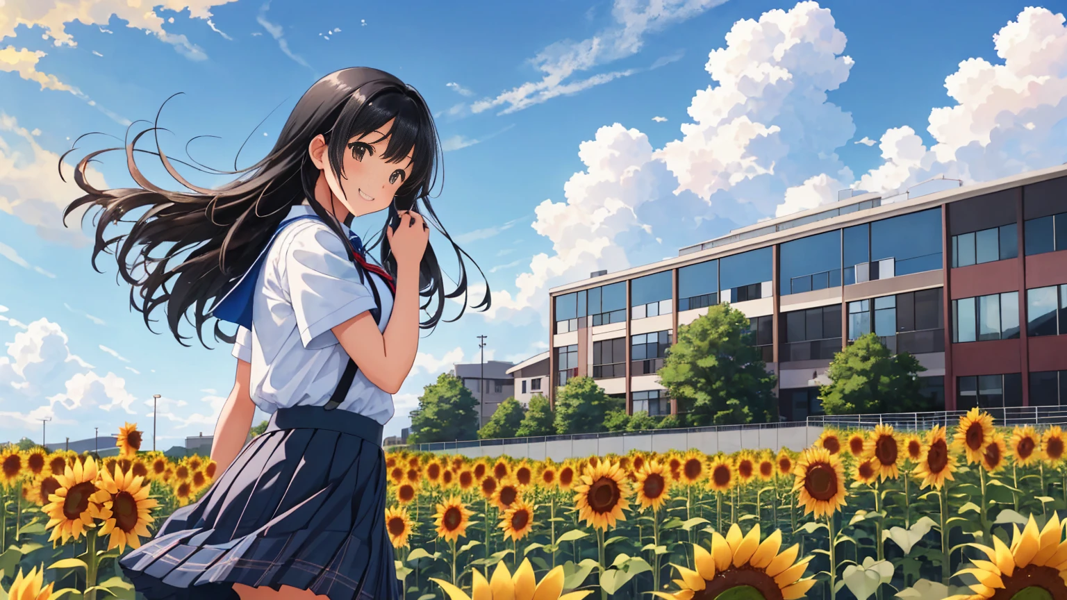 A large schoolyard in midsummer、The background is a summer blue sky, cumulonimbus clouds and sunflowers.、A shot of a high school girl、She is wearing a checked skirt uniform、Her long black hair is blowing in the wind.、She is looking up at the sky in a cute pose with a refreshing smile of youth.。