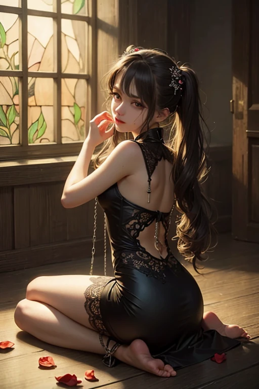 Big eyes、Black Room、Stained Glass Windows、Rose vase、Lace curtainidnight、My whole body is wet、Excited expression、Dark Gothic Makeup、Dark Metal、Large margins、Beautiful duo、Eyes prone to black eyes、Long eyelashes、cute、
Girl in a stone room、Gothic dress with collar、Knee-high socks、Twin tail hair、Beautiful and detailed、Beautiful and delicate lips、High resolutionの顔、Long eyelashes、Structure of the film、（Highest quality）、4K、8K、High resolution、masterpiece：1.2）、Super quality、Sitting、Bold Pose、Moisturized Skin、Sweaty、barefoot、Ecstasy、Embarrassing、Masochistic、Blushing、Embarrassing、Trans expression、look back、Protruding buttocks、Distorted facial expressions、Flowing Tears、Soaking wet。

Chained、Dark romance、There are lots of rose petals on the floor、Flickering candle light、Overall dark color