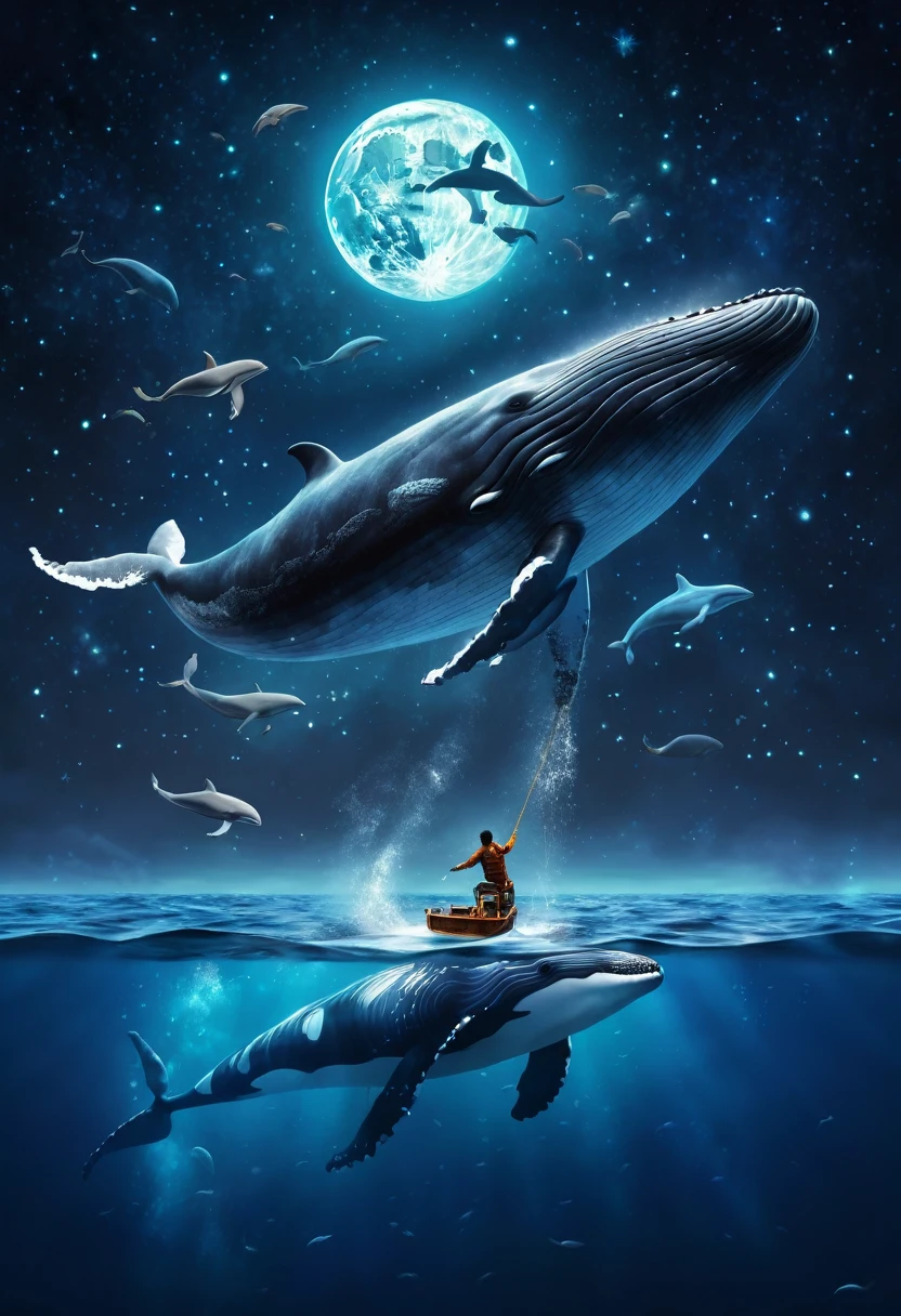 there is a man sitting on a boat with a whale and a whale, space magical whale, 