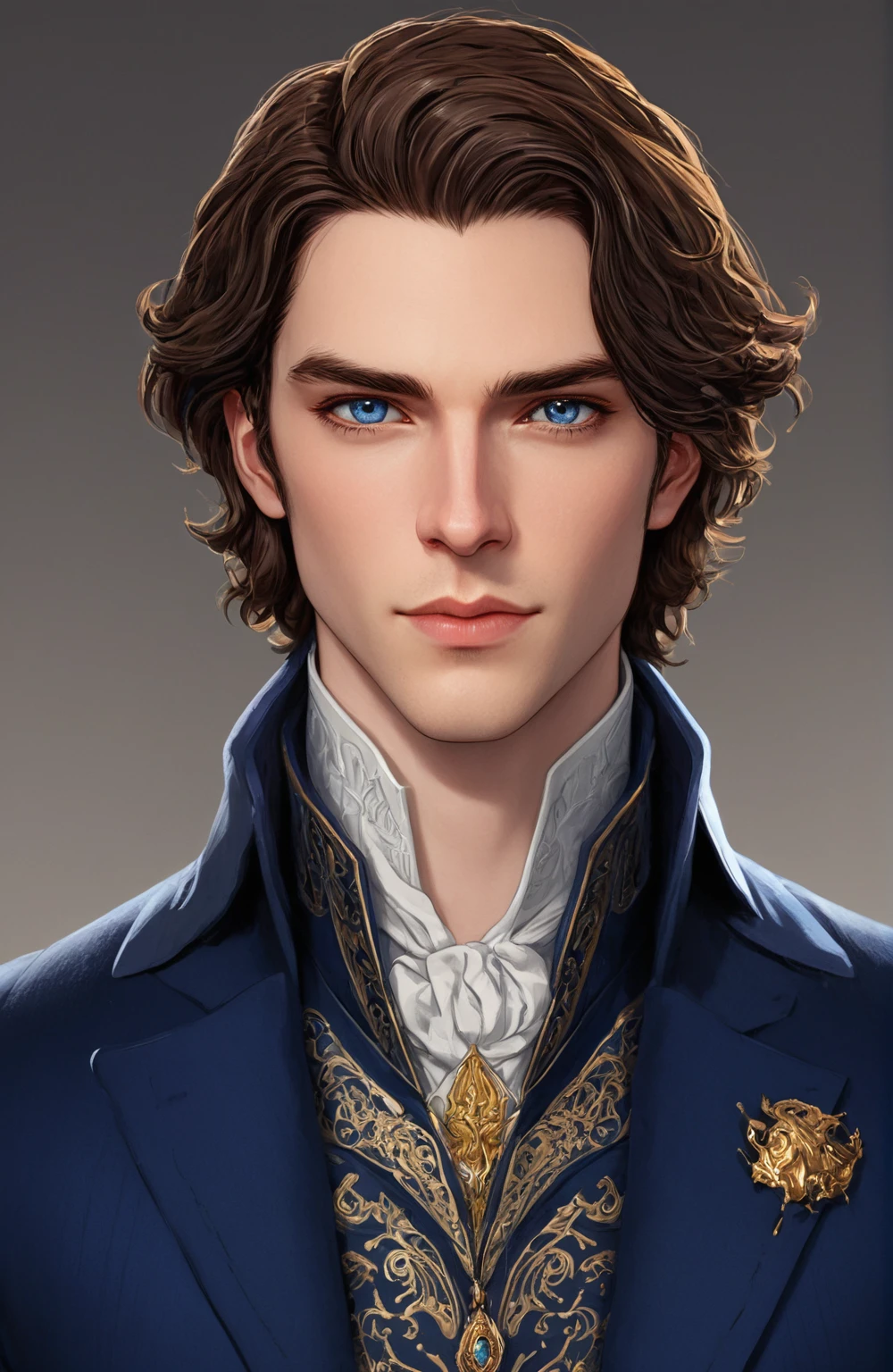 a close up of a person in a suit blue suit with golden details (pale skin dark brown hair and grey eyes), delicate androgynous prince, beautiful androgynous prince, caleb from critical role, highly detailed exquisite, handsome guy in demon slayer art, highly detailed character, hyperdetailed fantasy character, handsome male vampire, wolfgang lettl highly detailed, detailed character portrait, official character art, handsome stunning realistic