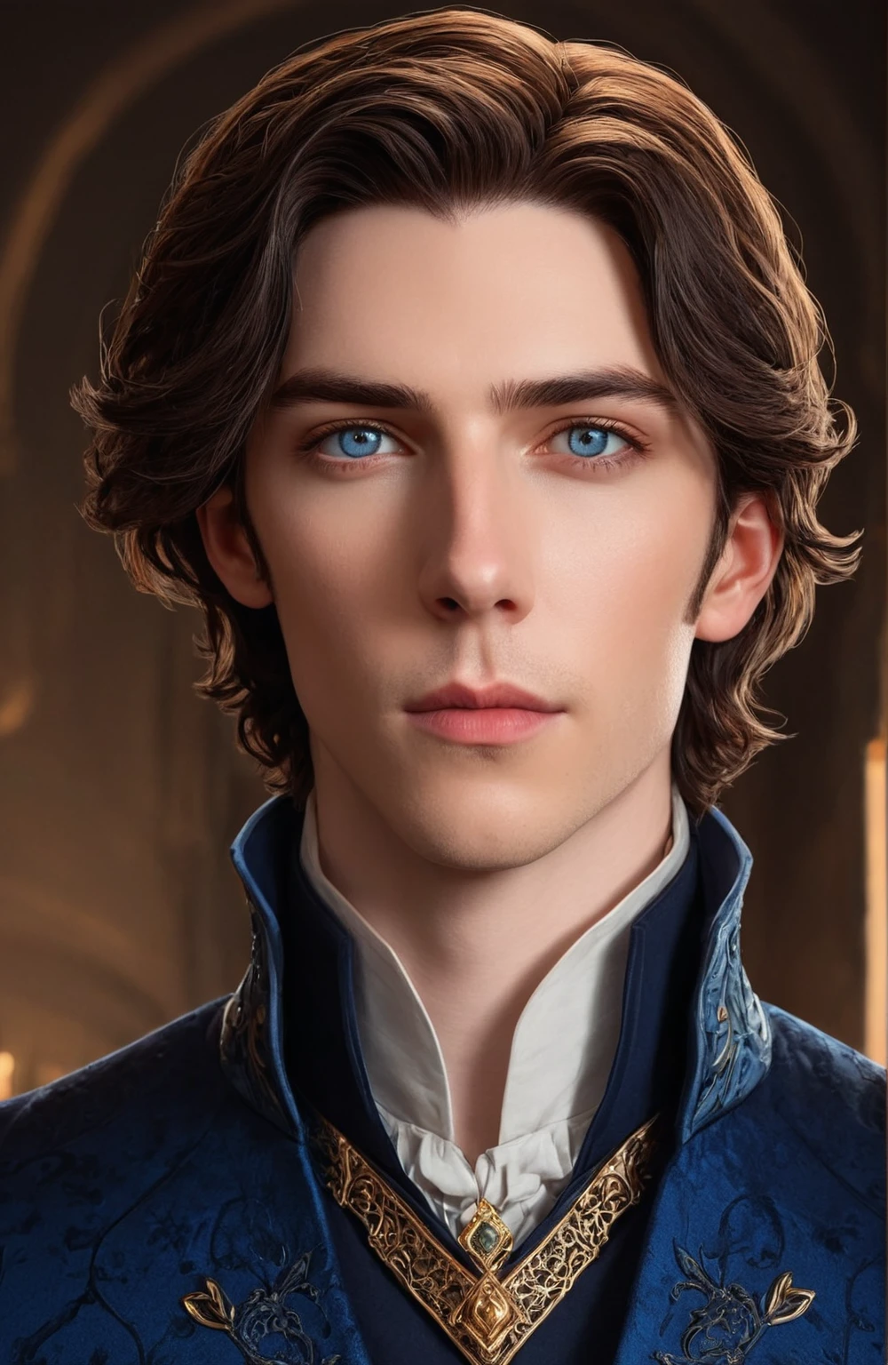 a close up of a person in a suit blue suit with golden details (pale skin dark brown hair and grey eyes), delicate androgynous prince, beautiful androgynous prince, caleb from critical role, highly detailed exquisite, handsome guy in demon slayer art, highly detailed character, hyperdetailed fantasy character, handsome male vampire, wolfgang lettl highly detailed, detailed character portrait, official character art, handsome stunning realistic