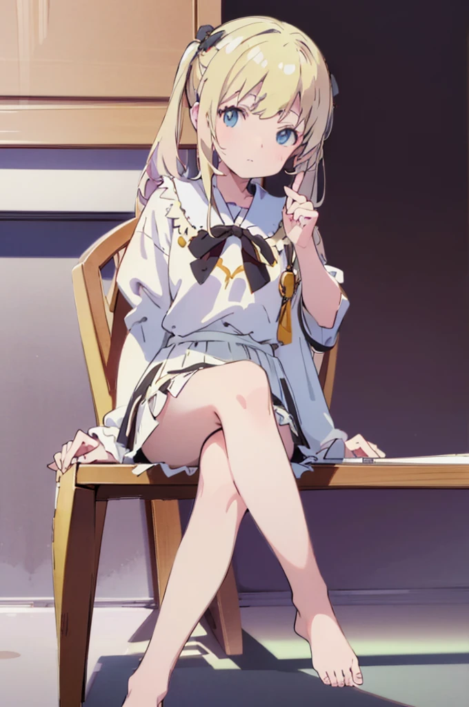 ((masterpiece))((Highest quality))Sitting in a chair、Blonde twin tails、(So that your whole body can be seen)、Directly in front、No background、(Put your feet on the ground)