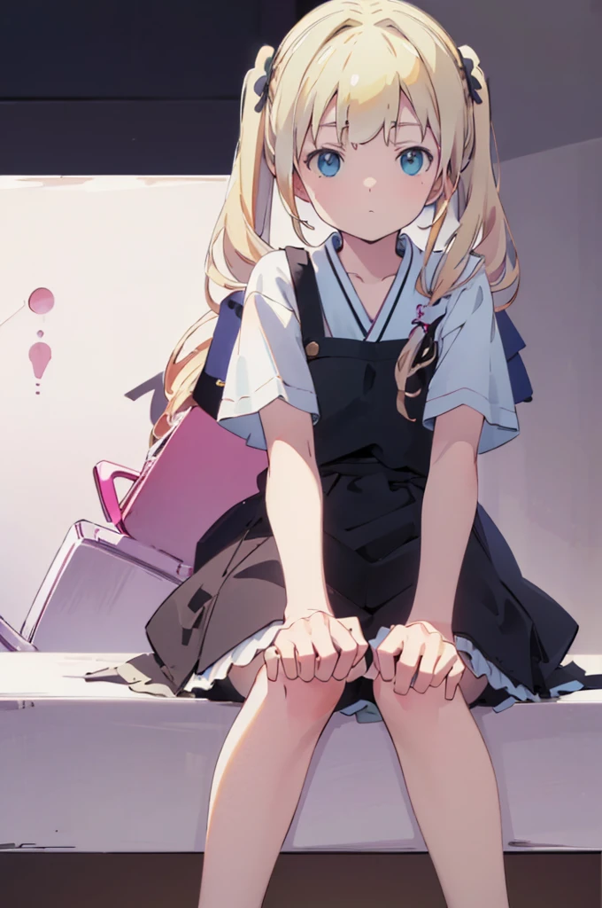 ((masterpiece))((Highest quality))Sitting in a chair、Blonde twin tails、(So that your whole body can be seen)、Directly in front、No background、(Put your feet on the ground)