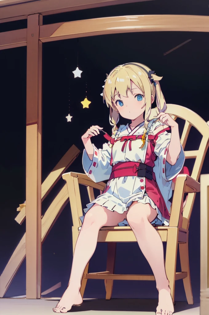 ((masterpiece))((Highest quality))Sitting in a chair、Blonde twin tails、(So that your whole body can be seen)、Directly in front、No background、(Put your feet on the ground)