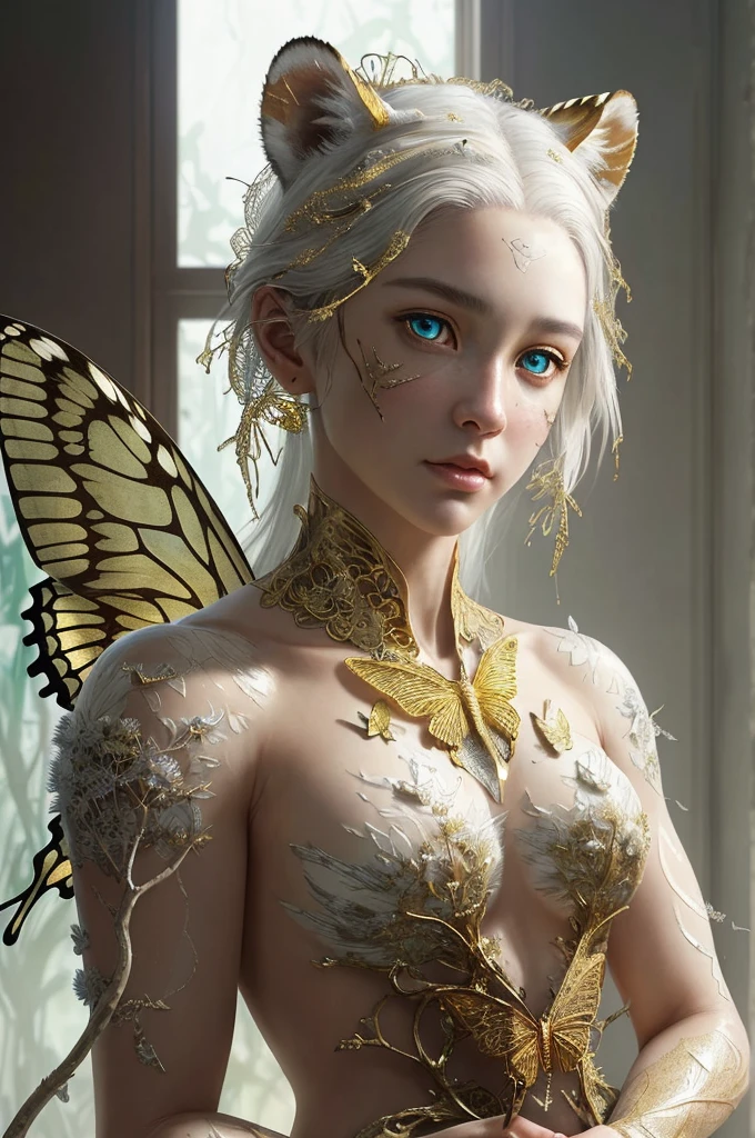 8k portrait of beautiful white realistic tiger, highly detailed, majestic, digital photography, art by artgerm and ruan jia and greg rutkowski surreal painting gold butterfly filigree, broken glass, (masterpiece, sidelighting, finely detailed beautiful eyes: 1.2), hdr, (detailed background window to a new dimension, plants and flowers:0.7) infinity, infinite symbol,
