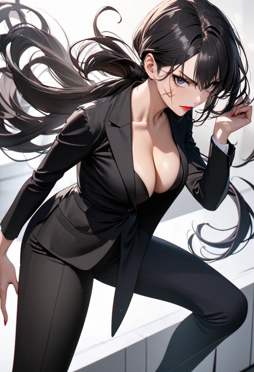 Mature woman, perfect anatomic draw, perfect eyes, long black hair, separated hair, low ponytail, waved hair, beautiful eyes, black eyes, beautiful woman, red lips, serious face, black suit outfit, scar in the cheek, clevage, sexy pose, sexy woman, 8k, high quality, full HD.