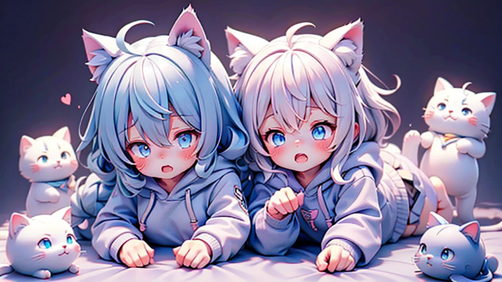 Little beautiful girl，Cat ear，Long white hair，Light blue eyes，cute, young, small limbs, short fingers, Wearing an oversized hoodie，sleeping，Surprised expression