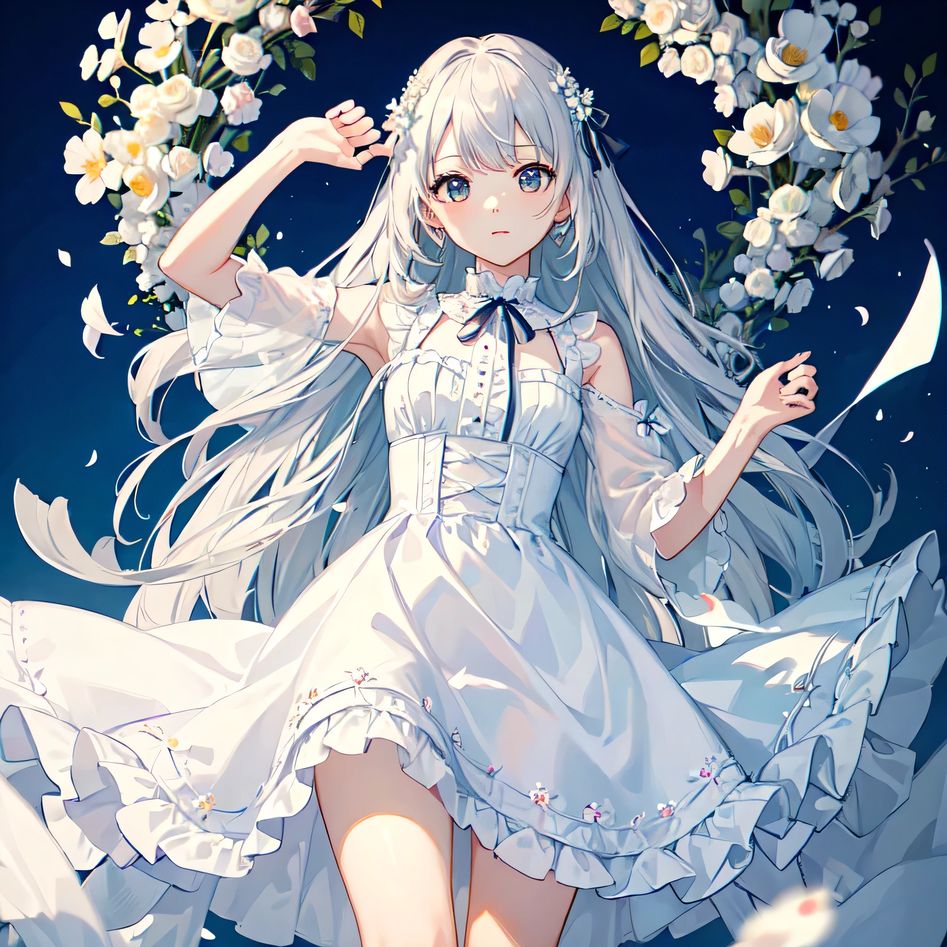 (masterpiece, Highest quality:1.6), White lace dress, Cowboy Shot, Thighs, beautiful girl, (Flowers, Lots of small white petals:1.3), garden, blue sky, View your viewers, Narrow waist, Official Art, RAWphotograph, Incredibly absurd, Face Light, Dynamic Lighting, Cinema Lighting, Ultra-realistic, High resolution, photograph, Sharp focus, Most detailed, Very detailed, Super detailed, In detail, Very detailed目と顔