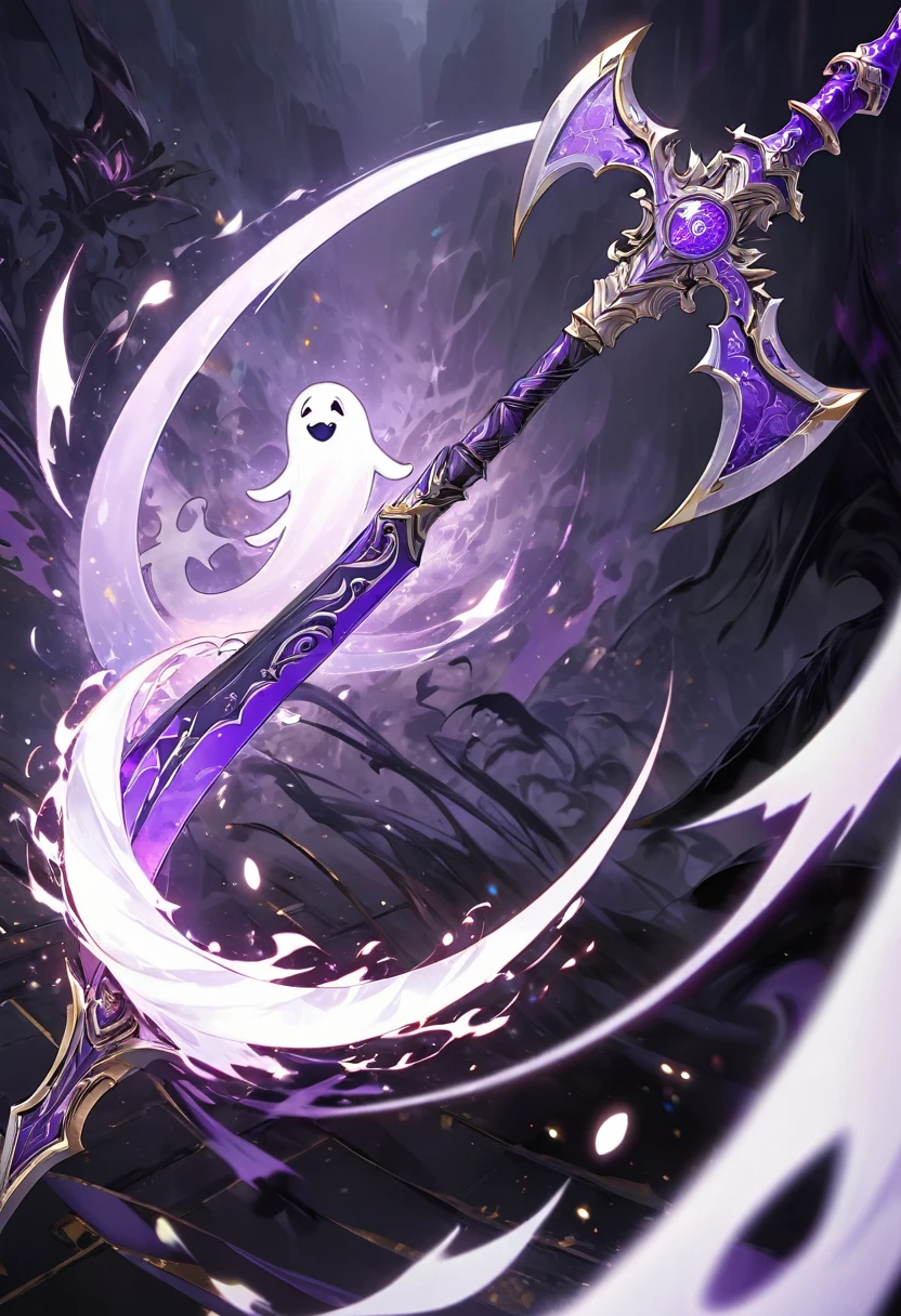 an extremely detailed 4k picture of just a 2 handed scythe weapon made of purple steel and covered in ghosts and dark magic