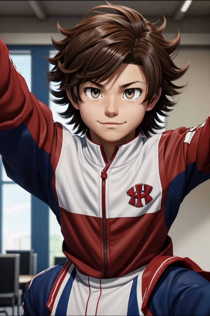Screenshot of my hero academia.
Boy with wavy hair, light brown with red highlights.
He has red Asian eyes. He is wearing a UA uniform and in the background he has a UA school class