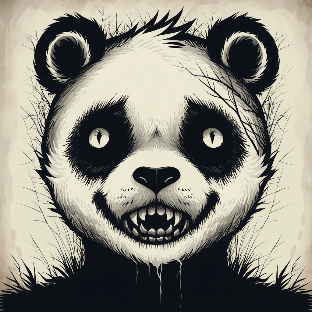 panda bites in creepy art style