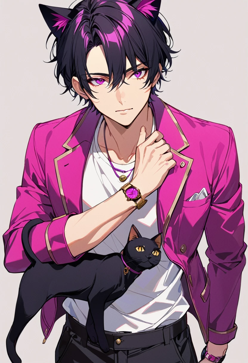 1man, short black hair, black cat ears, bright magenta eyes, wearing a magenta jacket, wearing a white undershirt, wearing black pants , wearing a vintage gold and magenta watch, showing watch.