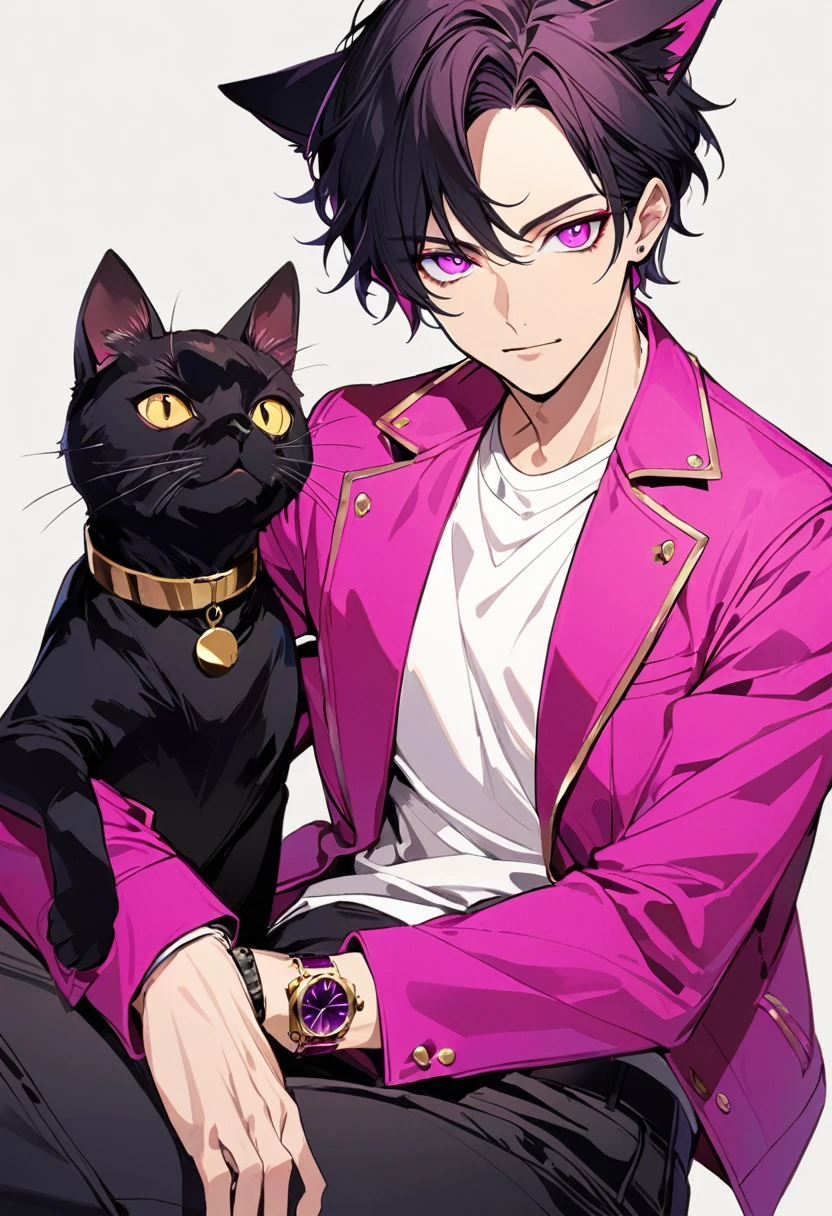 1man, short black hair, black cat ears, bright magenta eyes, wearing a magenta jacket, wearing a white undershirt, wearing black pants , wearing a vintage gold and magenta watch, showing watch.