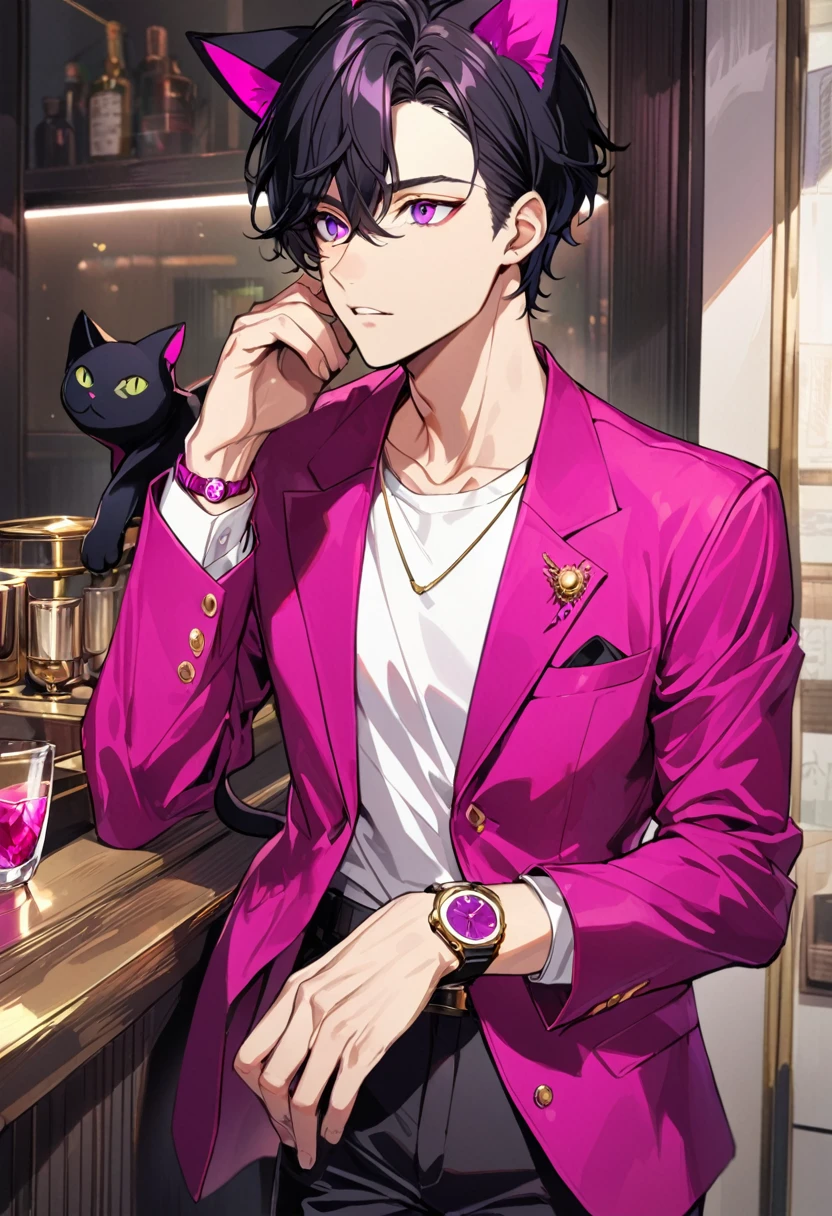 1man, short black hair, black cat ears, bright magenta eyes, wearing a magenta  jacket, wearing a white undershirt, wearing black pants , wearing a vintage gold and magenta watch, showing watch.