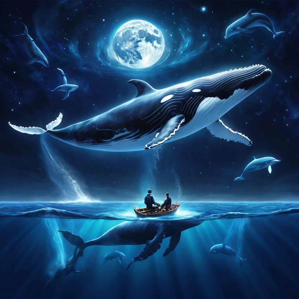 there is a man sitting on a boat with a whale and a whale, space magical whale, 