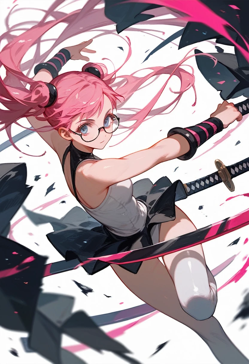 Anime drawing of a woman in a special beige costume with black details and a shiny mysterious symbol in pink black and pink hair long straight hair holding two pink katana swords teacher glasses ballet pose, in a destroyed city classic anime bayoneta