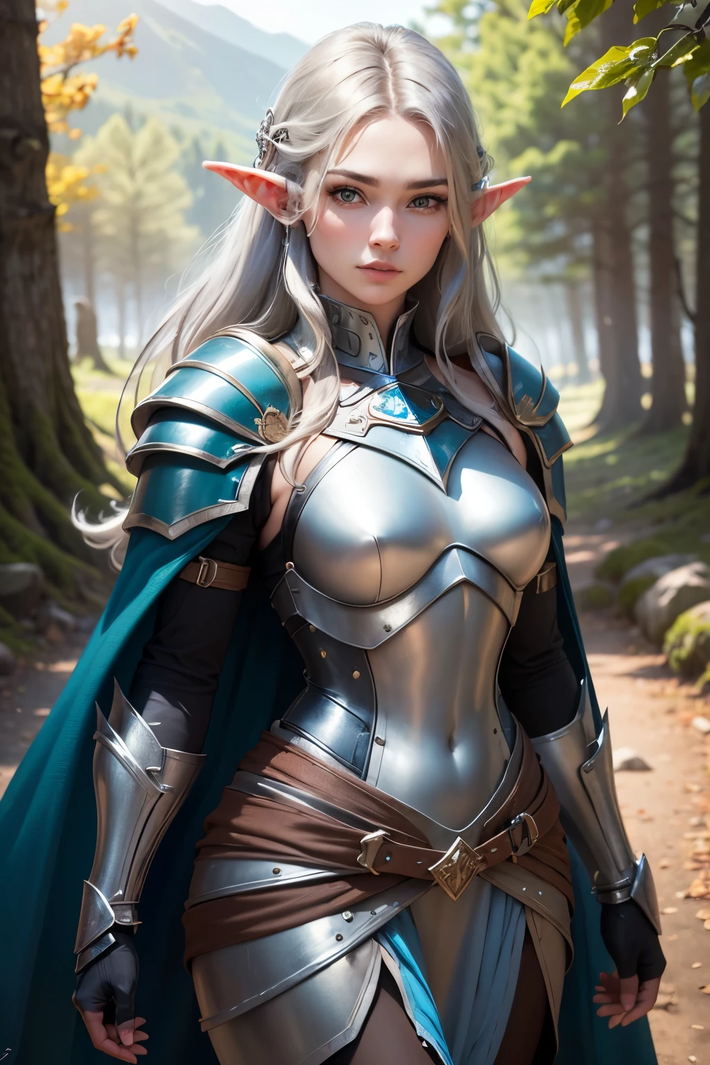 ((best qualityer)), ((work of art)), (detailded), ((best quality)), ((masterpiece)), (detailed), Prize-winning works, with incredible details, maximum textures and details, uhd ,8K,super resolution ,depth of field, retina, masterpiece, anatomically correct, textured skin, super detail, high details, highres ,1 Male elf fantasy warrior adventurer ,long gray hair ,rosto ultra detailded ,blue colored eyes, wide chin, A slight smile , usando uma lightweight armour de aventureiro , blue gauntlets and gloves, black green breastplate, black and silver long cape ,fully body, olhos penetrantes hiperdetaildeds , olhos detaildeds ,lightweight armour (25 year old young man :1.1,olhos detaildeds, rosto detailded, whole body:1.1,the bottom is a valley ,mountains and forest ),(best qualityer:1.2,ultra-detailded:1.1,realisitic:1.37) ,eyeshadows, sharp focus, swirly vibrant colors,)
