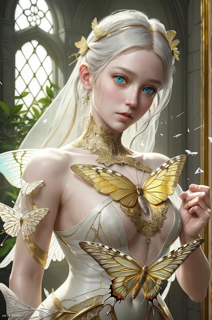 Androgynous moth with a flat chest, white fur on her body, muscular, furry wrists, furry choker, short white curly hair, has abs, has moth antennae, solo, alone, wearing flowing silk clothing, flat chested