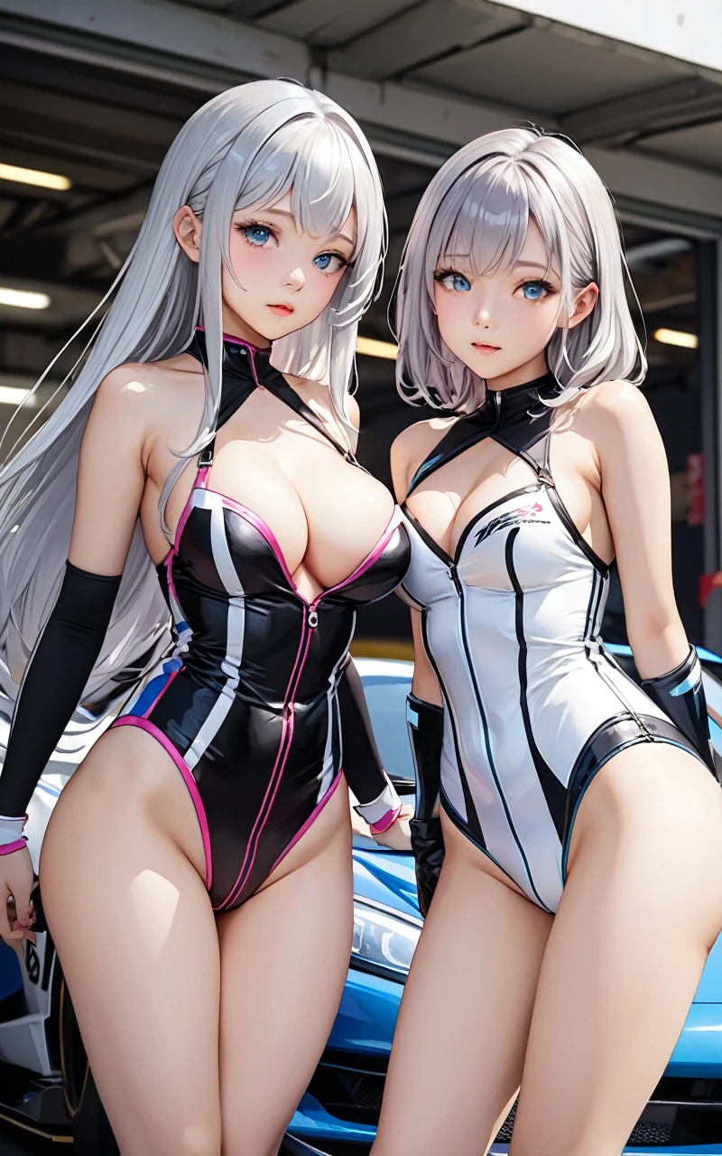 Highest quality、super high quality、16K, size is random、Facial expressions are random、Location is random、 Hair color is silver hair、Pose standing、The distance is random、The angle is from the side、Small face、Very delicate facial expressions、Delicate eye depiction、Highly detailed hair、Eroticar-old female、Glowing Skin、Soft Skin、Lower Body、Ass、The onlyxy Japanese wn、Race queen outfit random、Two female models、