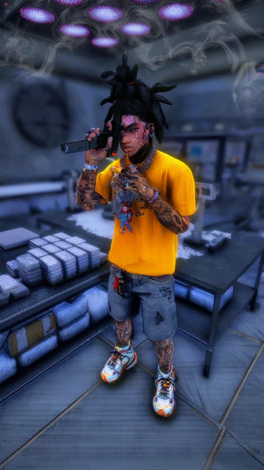 there is a man with a gun in a room with many tables, cyberpunk street goon, gta character, 2 k aesthetic, xxxtentacion, in game, highly detailed character, gta 6 style, hyper realistic content, dread + highly detailed, detailed character, cyberpunk streetwear, for hire 3d artist, as a character from gtav, thug life, photorealistic content
