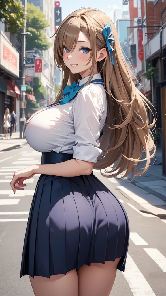 (hot thicc ass) (large breasts), Ichinose Asuna, light brown hair, blue eyes, very long hair, hair over one eyes, halowhite shirt, pleated skirt, blue bowtie, , skinny, slim thick, 8k, at a street, smiling, beautiful face, looking at viewer, full body, 