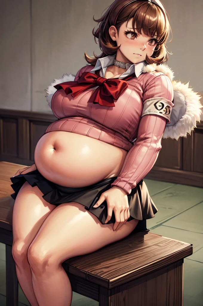 (masterpiece, best quality, highres, absurdres), 1girl, big belly, chubby arms, thighs, art by kipteitei, uniform, brown hair, black knee high skirt, pink sweater with fur trim, bow, armband, chubby, embarrassed, flushed, sitting down with legs together, poking belly, tight shirt